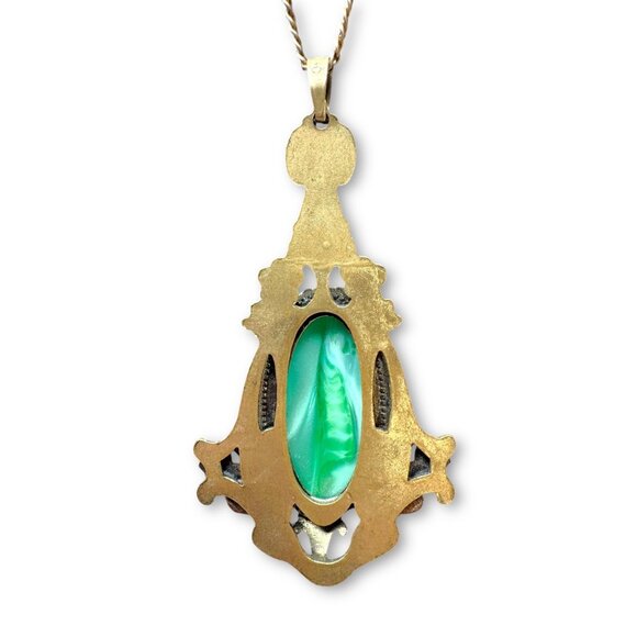 Art Nouveau Czech Peking Glass Pendant Necklace Brass Enamel Gold Filled - Picture 5 of 8